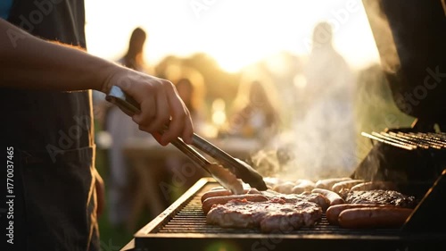 Grilling delicious food at sunset with friends and family in a beautiful green