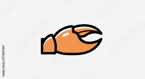 Cartoon illustration of a crab claw, orange in color, with a black outline, isolated on white.