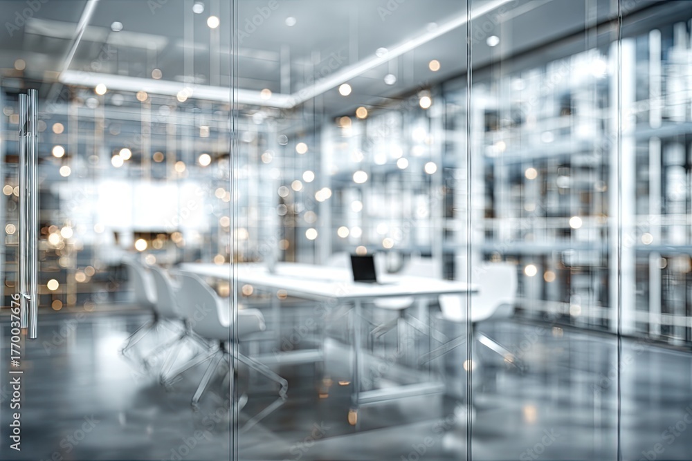Fototapeta premium Interior view of a modern conference room with a long white table, chairs, and glass walls