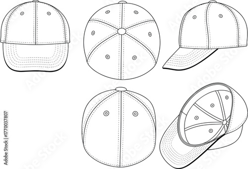 Baseball cap technical drawing, detailed vector illustration of hat design, front side top bottom views, apparel template, line art, fashion mockup