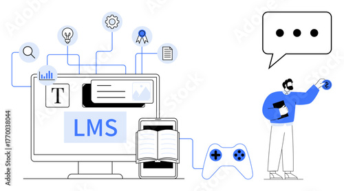 Large screen with LMS tools, book, game controller, and person engaging with virtual content. Ideal for education, technology, e-learning, gamification innovation productivity and training. Simple