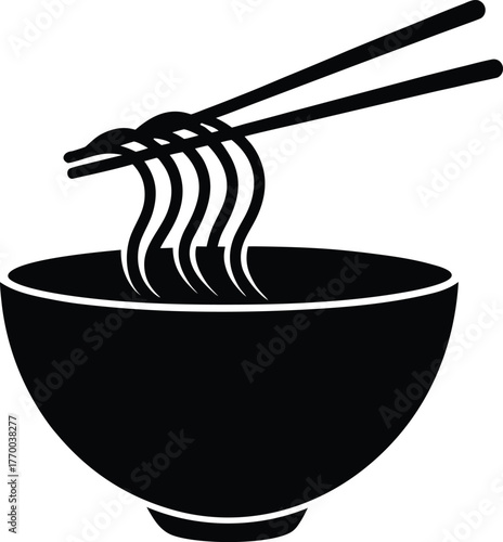 Simple black and white silhouette of chopsticks holding a steaming bowl of noodles