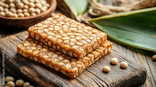 Sliced tempeh on a wooden cutting board with soybeans.