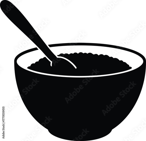 Simple silhouette of a bowl filled with granular substance and a spoon ready for serving