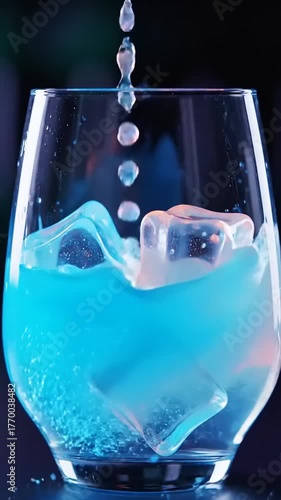 Colorful ice cubes falling into a glass with splash effects in closeup shot