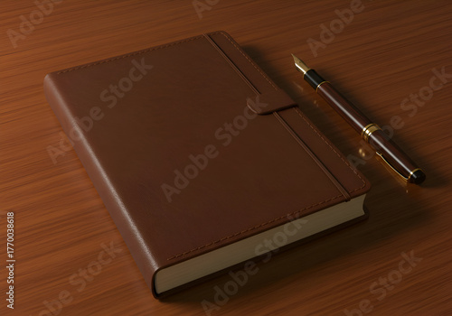 Brown leather bound journal and pen on a wooden surface. A professional, unassuming, and neutral item resting on a table ready for use.