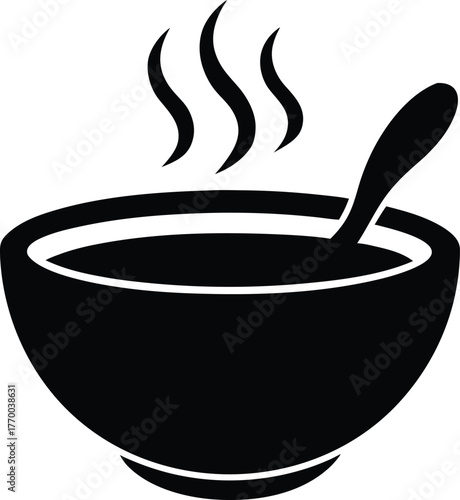Simple silhouette of a steaming bowl of hot soup with a spoon ready to eat