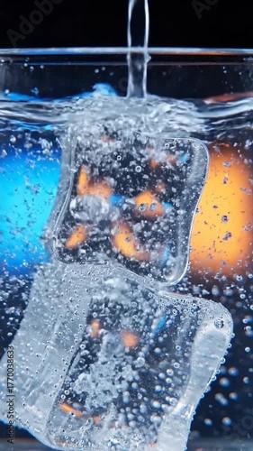 Ice Cubes Falling into Water with Bubbles and Ripples in Slow Motion