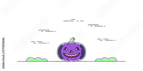 A purple halloween pumpkin with a carved face sits on the ground under a few clouds in the sky