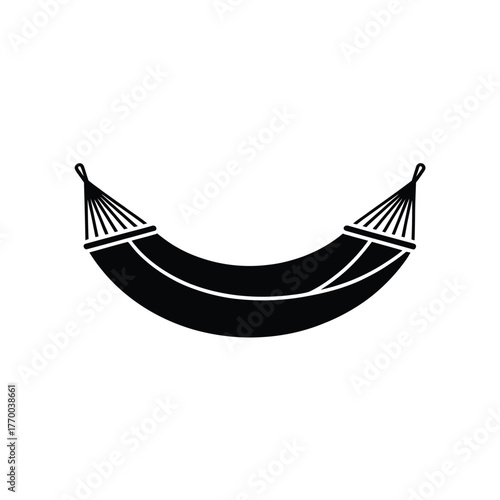 Simple black silhouette of a curved hammock hanging between two points