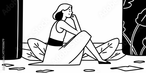 Woman sitting cross legged in nature with hand to face in a contemplative pose surrounded by leaves