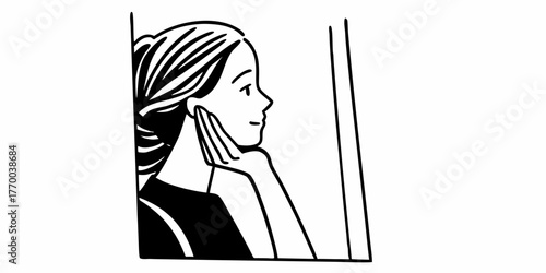 Woman with hand on face looking out window in black and white line art illustration style drawing