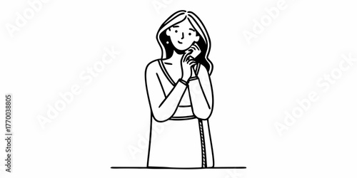 Illustration of a woman with long hair in a dress holding her hands near her face in a thoughtful pose