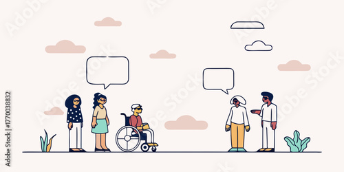 Diverse group of people with disabilities and speech bubbles in an inclusive environment illustration