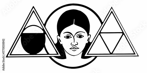 Illustration of a woman's face with triangles and circle elements in a symmetrical design format