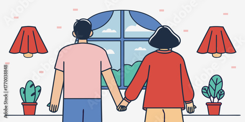 Couple holding hands looking out window with plants lamps and view of clouds and trees outside home interior