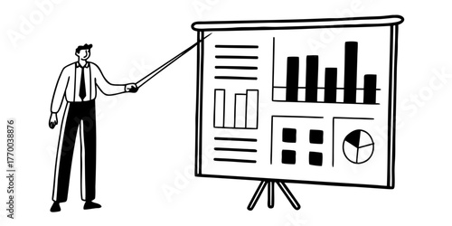Man presenting data on a screen with bar charts pie chart and other information in black and white style