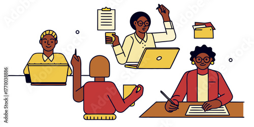 Diverse professionals working at desks with laptops, writing, and holding coffee cups in an office setting