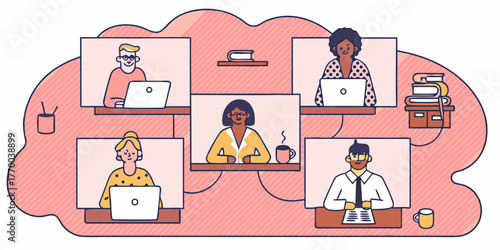 Illustration of five people in a video conference meeting using laptops and working from their desks