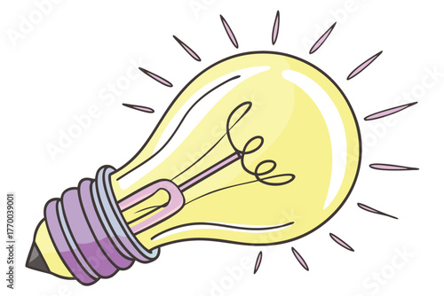Glowing yellow light bulb with purple base and radiating light rays Keywords: light bulb, idea, concept
