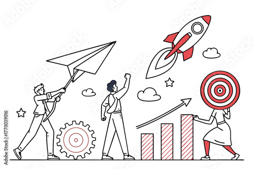 Business growth and success with rocket launch and target achievement vector illustration