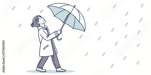 A woman in a coat and pants holding an umbrella looking up at the rain with a smile on her face happily