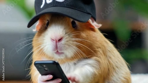 A guinea pig in a black baseball cap is holding a black smartphone with its front paws, appearing to look at the screen and interact with the device.