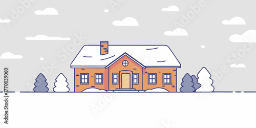 Illustration of a house with snow on the roof and trees in a winter scene with a gray sky above it