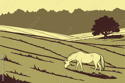 Horse Grazing in a Field with a Lone Tree meadow grass