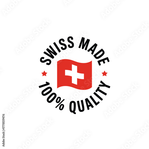 Circular emblem with swiss flag and text indicating swiss made 100 percent quality