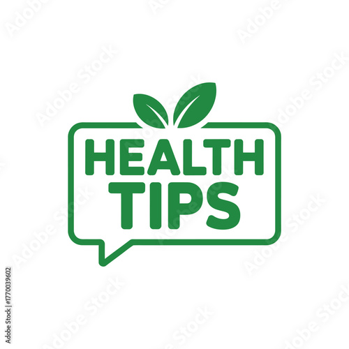Green health tips speech bubble with leaves icon for wellness and healthy living advice