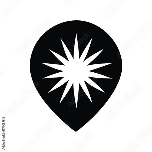 Modern location pin silhouette vector design with a prominent starburst icon, symbolizing navigation, discovery, and important places or points of interest on a map