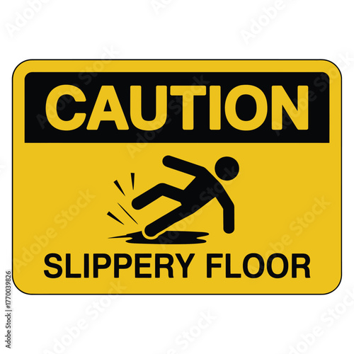 Yellow caution sign warning of slippery floor with falling person icon