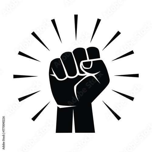Powerful black fist raised upward with radiant sunburst symbolizing strength and resistance