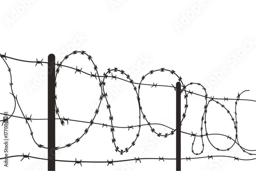 Barbed wire fence with sharp points stretched between posts against a white background