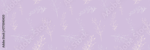 Seamless vector pattern featuring delicate, hand drawn grass stems in a soft, vintage style. Pastel purple, violet background complements the subtle botanical design for textiles, wallpaper, packaging