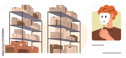 Packed warehouse shelves with stacked boxes next to a red-haired person holding a mask. Ideal for storage, logistics, mystery, identity, secrecy, impersonation, and concealment. Simple flat metaphor
