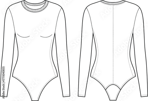 CAD drawing flat vector illustration of long sleeve women bodysuit apparel front and back technical fashion sketch for pattern making and sewing design