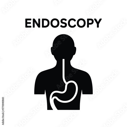 Medical illustration of human digestive system with endoscopy procedure symbol