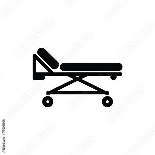 Simple black silhouette of a medical stretcher or gurney on wheels