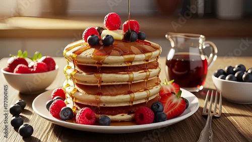 Fluffy golden pancakes drenched in maple syrup, topped with fresh mixed berries and whipped cream. An indulgent breakfast delight perfect for a sweet morning meal