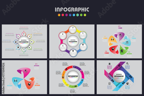 A set of 6 modern infographic templates. Vector collection of colorful gradient circle charts and diagrams for business presentations, data visualization, and process workflows.