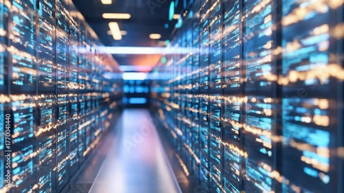 Walking Through Data Center Server Room With Blinking Lights