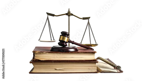 Fototapeta Gavel and scales resting atop stacked antique law books