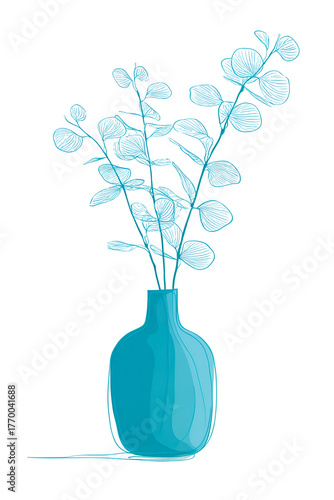 Eucalyptus branches in a turquoise vase on a white background
