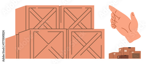Wooden crates in an orderly stack beside a hand gesturing direction. Ideal for logistics, warehouse management, packaging, transportation, inventory, business planning, teamwork. Simple flat metaphor