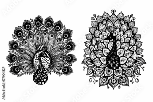 Elegant peacocks with ornate feather details bring timeless style and grace to designs