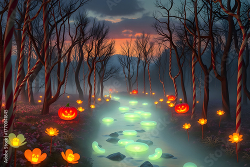Surreal Halloween candy forest landscape at dusk, with candy canes as trees, caramel rivers, and glowing lollipop flowers