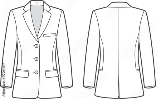 Cad drawing flat vector illustration, tailored blazer technical sketch, fashion design template, garment construction, front and back view