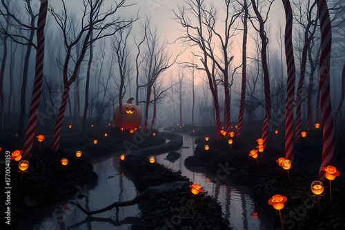 Surreal Halloween candy forest landscape at dusk, with candy canes as trees, caramel rivers, and glowing lollipop flowers